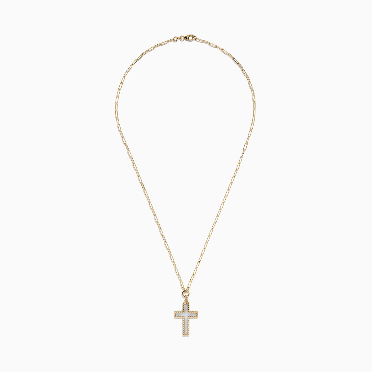 A 14K Yellow Gold Mother of Pearl Cross Pendant necklace featuring a cross outlined by small gold beads, displayed on a white background.