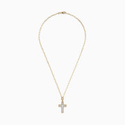 A 14K Yellow Gold Mother of Pearl Cross Pendant necklace featuring a cross outlined by small gold beads, displayed on a white background.