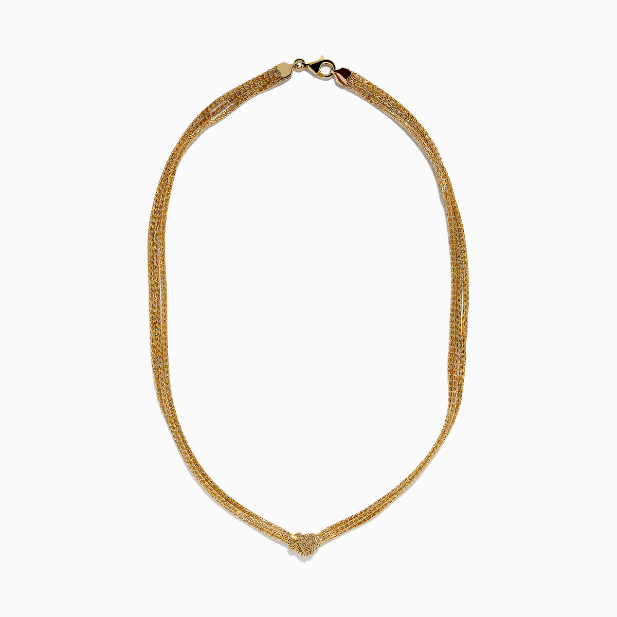 The 14K Yellow Gold Net Mesh Knot Layered Necklace showcases a woven texture and central knot, displayed on a white background.