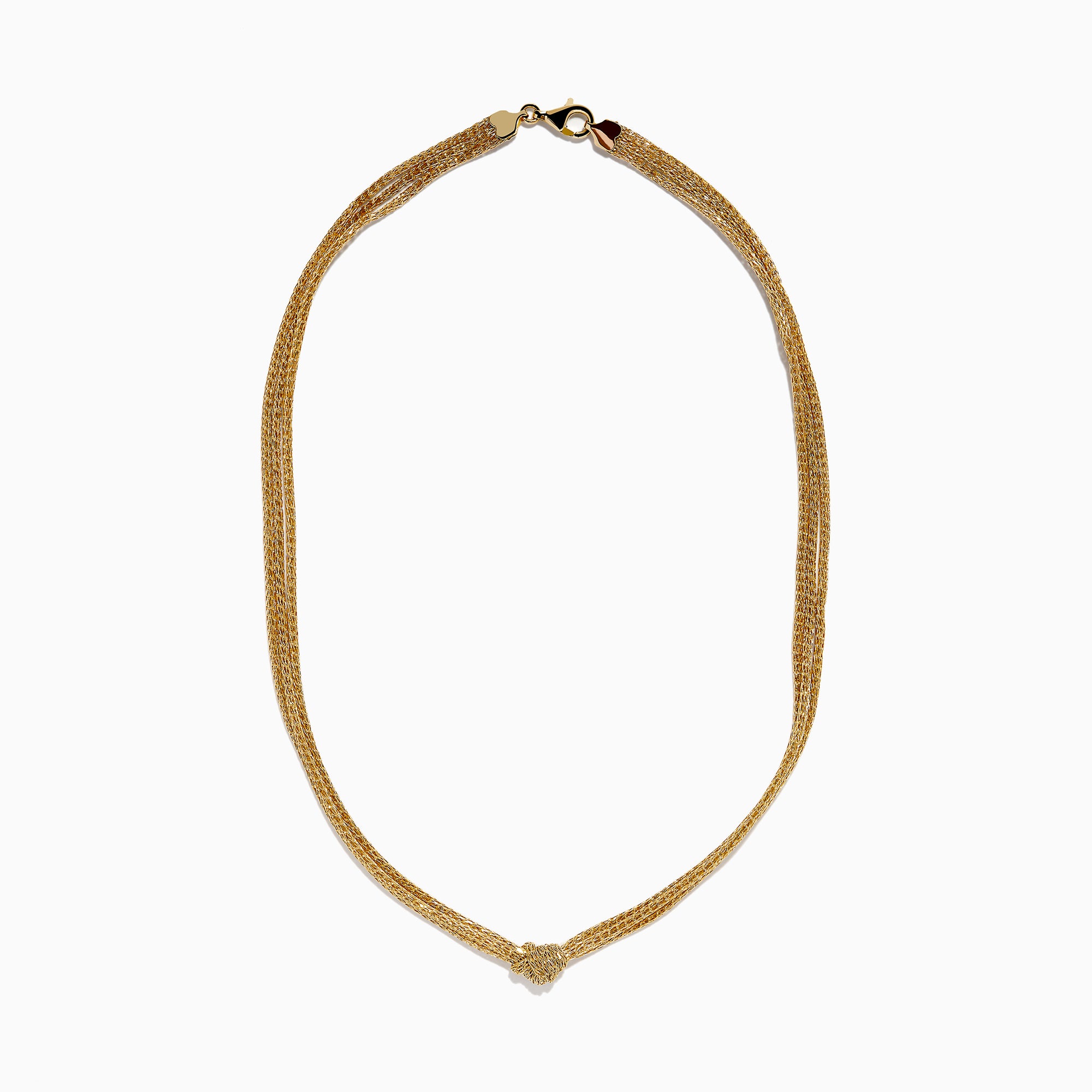 The 14K Yellow Gold Net Mesh Knot Layered Necklace showcases a woven texture and central knot, displayed on a white background.