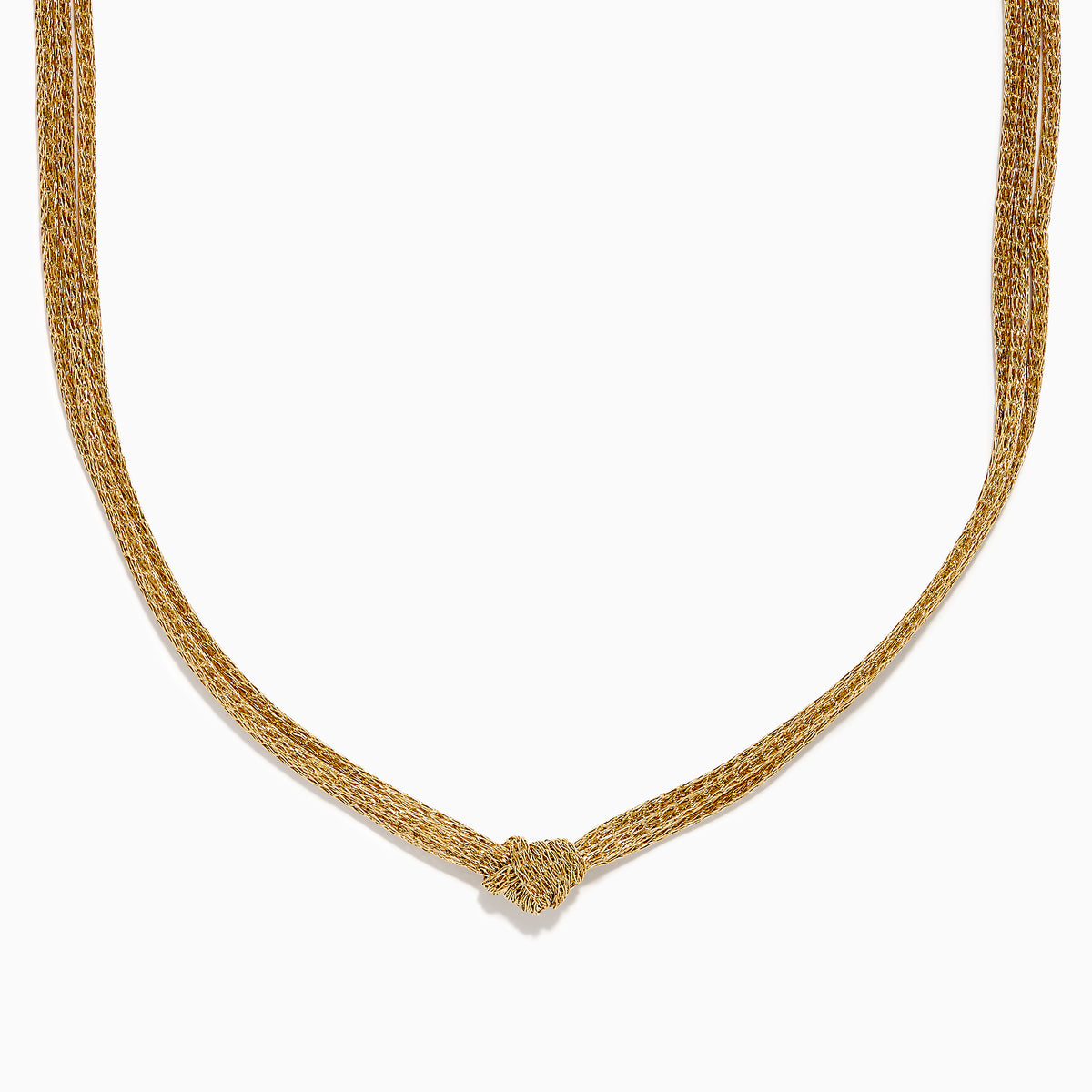 The 14K Yellow Gold Net Mesh Knot Layered Necklace showcases a woven texture and central knot, displayed on a white background.