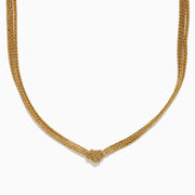 The 14K Yellow Gold Net Mesh Knot Layered Necklace showcases a woven texture and central knot, displayed on a white background.