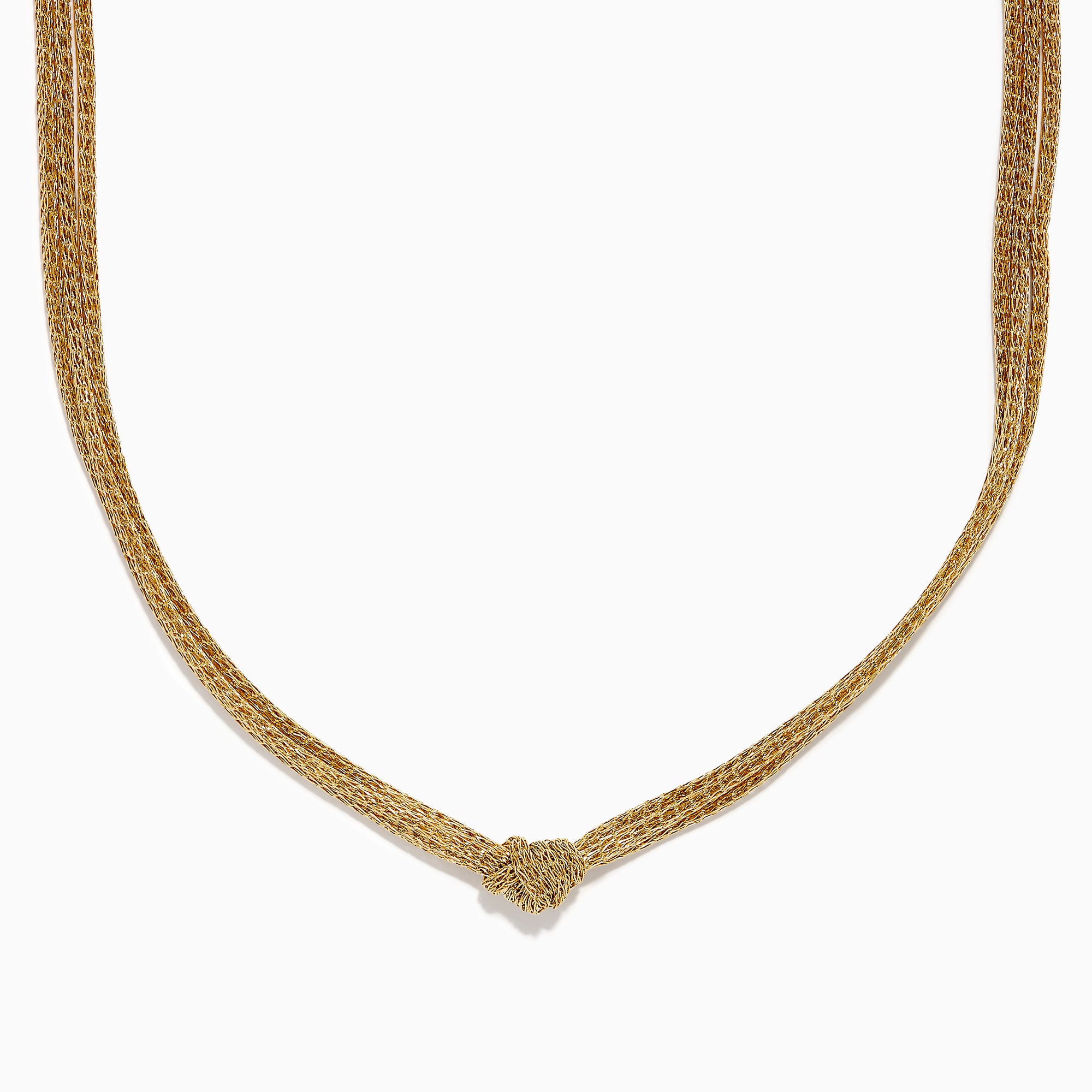 The 14K Yellow Gold Net Mesh Knot Layered Necklace showcases a woven texture and central knot, displayed on a white background.