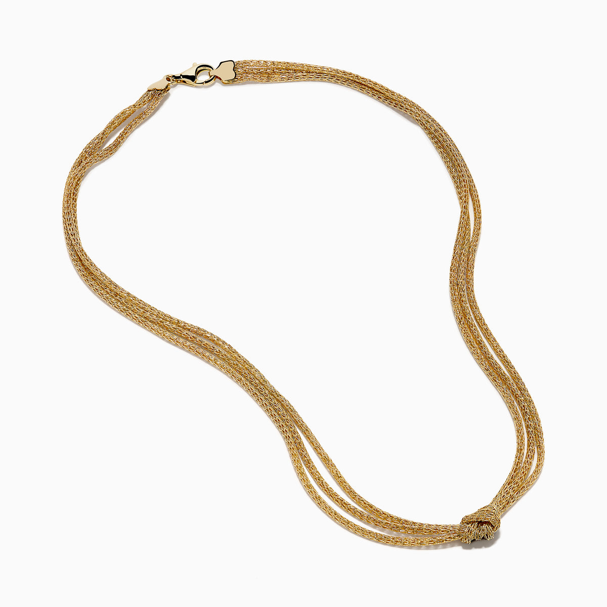 The 14K Yellow Gold Net Mesh Knot Layered Necklace showcases a woven texture and central knot, displayed on a white background.