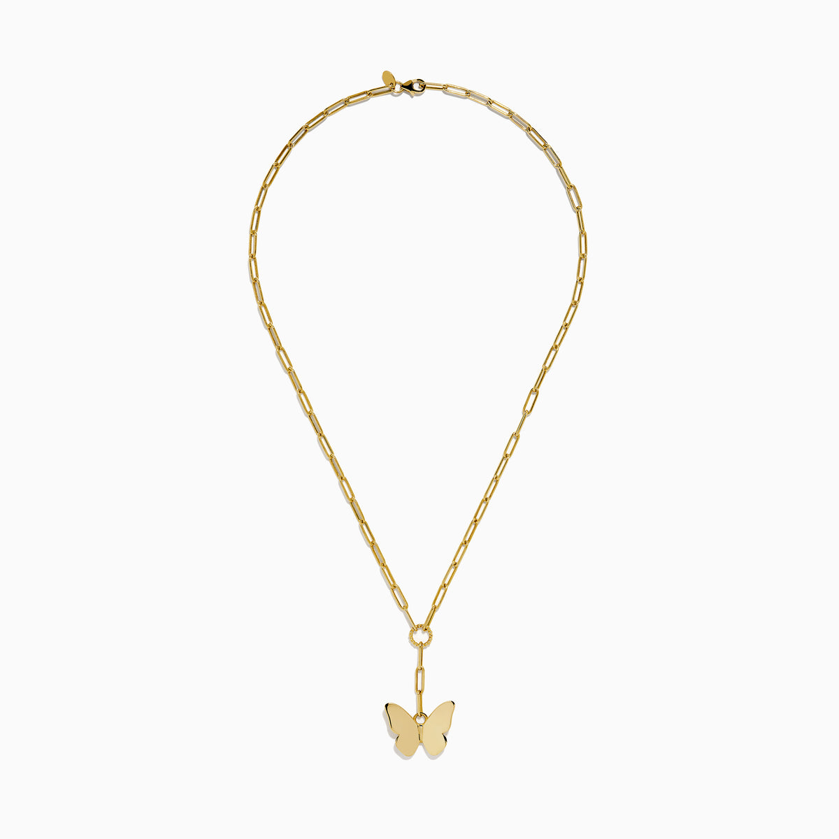 The 14K Yellow Gold Paperclip Butterfly Lariat Necklace features elongated chain links and a central ring with a gleaming butterfly pendant, displayed on a white background.