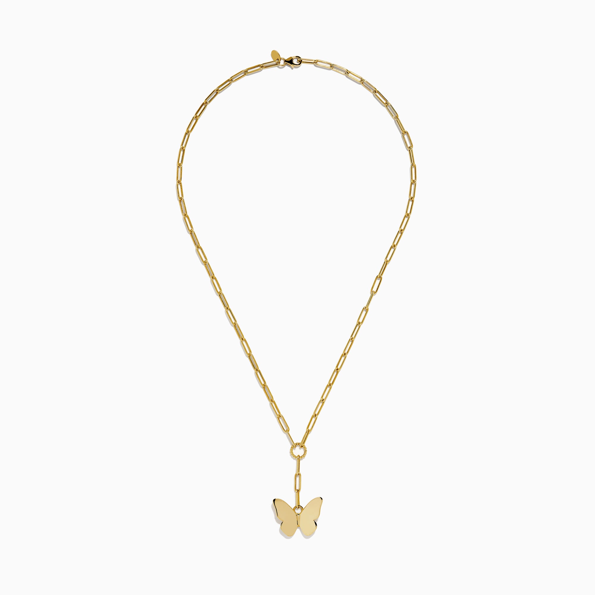 The 14K Yellow Gold Paperclip Butterfly Lariat Necklace features elongated chain links and a central ring with a gleaming butterfly pendant, displayed on a white background.