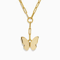 The 14K Yellow Gold Paperclip Butterfly Lariat Necklace features elongated chain links and a central ring with a gleaming butterfly pendant, displayed on a white background.