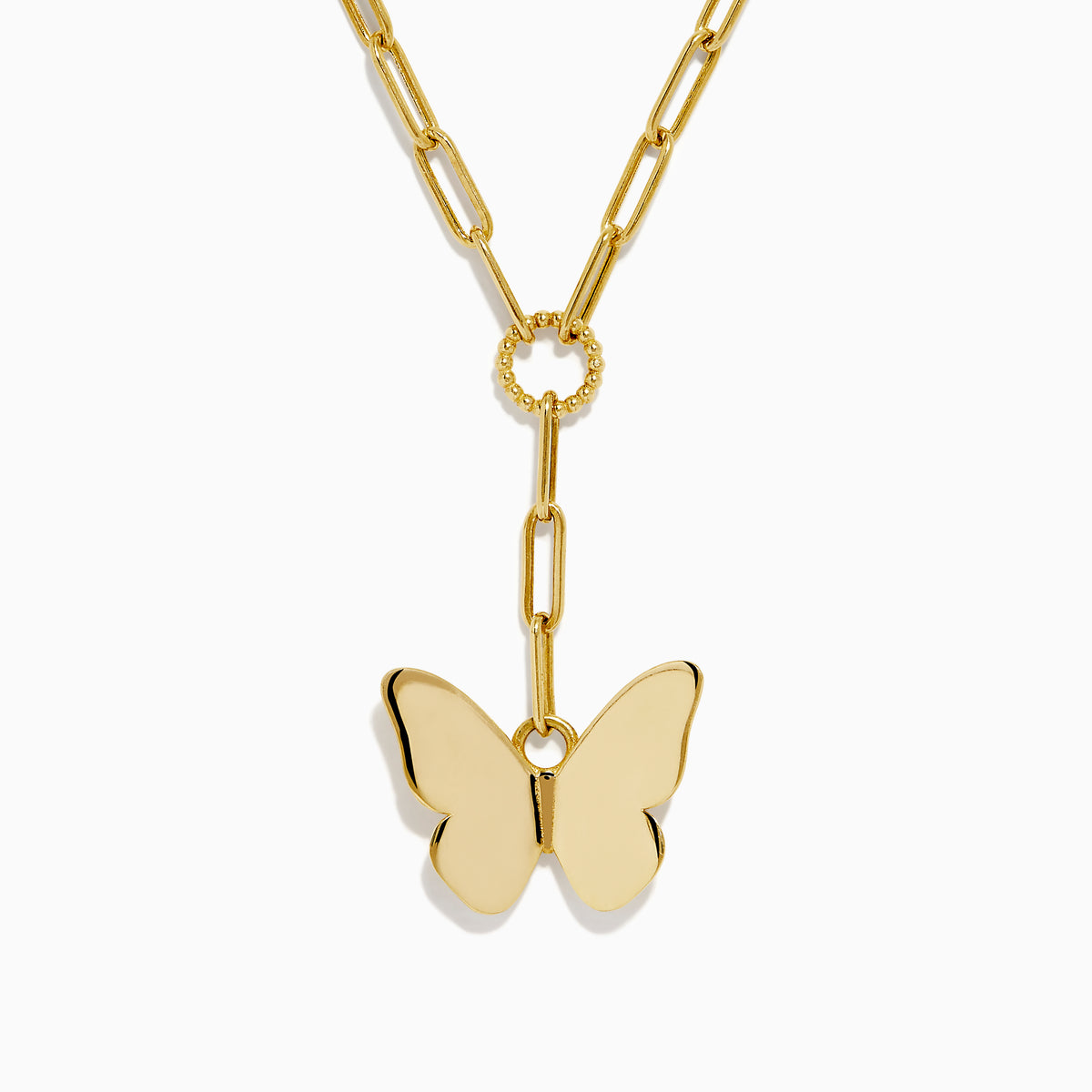 The 14K Yellow Gold Paperclip Butterfly Lariat Necklace features elongated chain links and a central ring with a gleaming butterfly pendant, displayed on a white background.