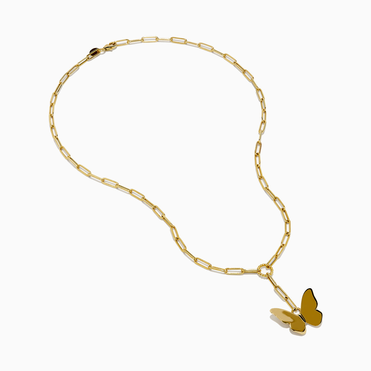The 14K Yellow Gold Paperclip Butterfly Lariat Necklace features elongated chain links and a central ring with a gleaming butterfly pendant, displayed on a white background.