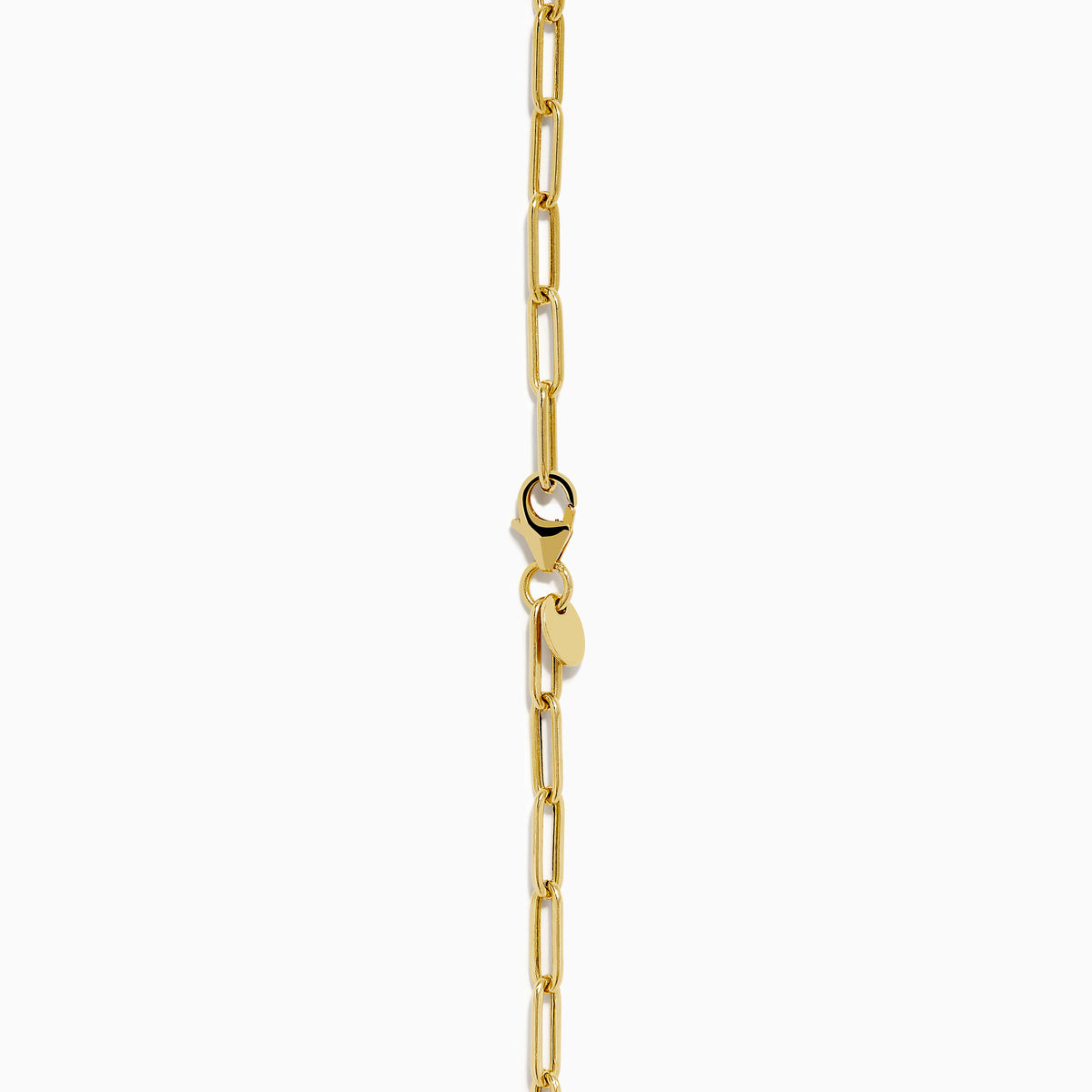 The 14K Yellow Gold Paperclip Butterfly Lariat Necklace features elongated chain links and a central ring with a gleaming butterfly pendant, displayed on a white background.