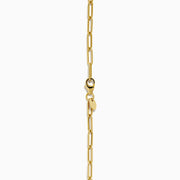 The 14K Yellow Gold Paperclip Butterfly Lariat Necklace features elongated chain links and a central ring with a gleaming butterfly pendant, displayed on a white background.