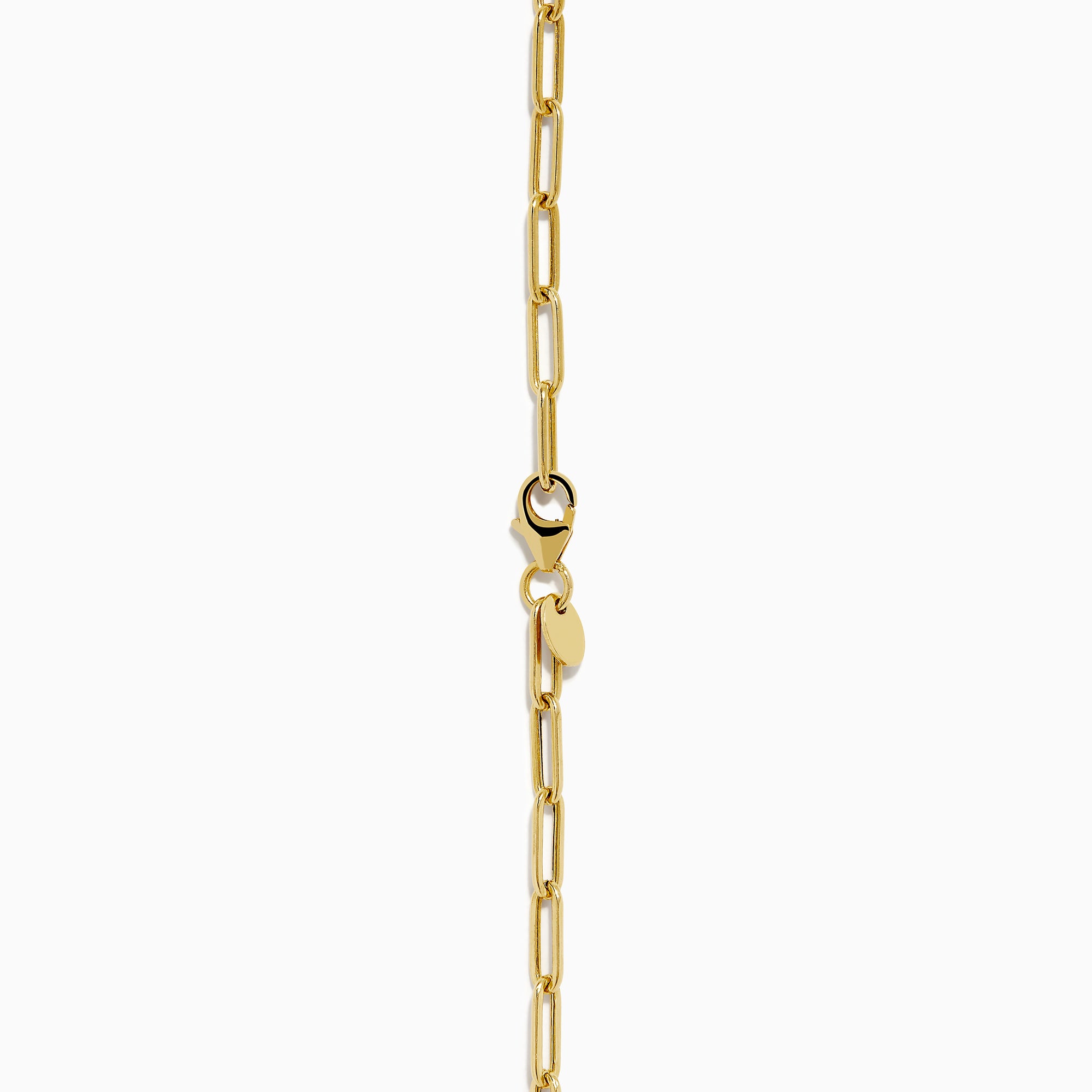 The 14K Yellow Gold Paperclip Butterfly Lariat Necklace features elongated chain links and a central ring with a gleaming butterfly pendant, displayed on a white background.