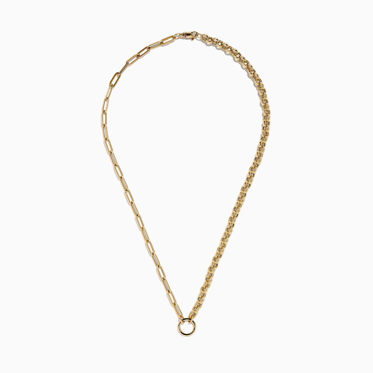 The 14K Yellow Gold Half Paperclip and Half Round Links Charm Holder Necklace features a paperclip chain on one side, rounded links on the other, and a central circular charm holder.