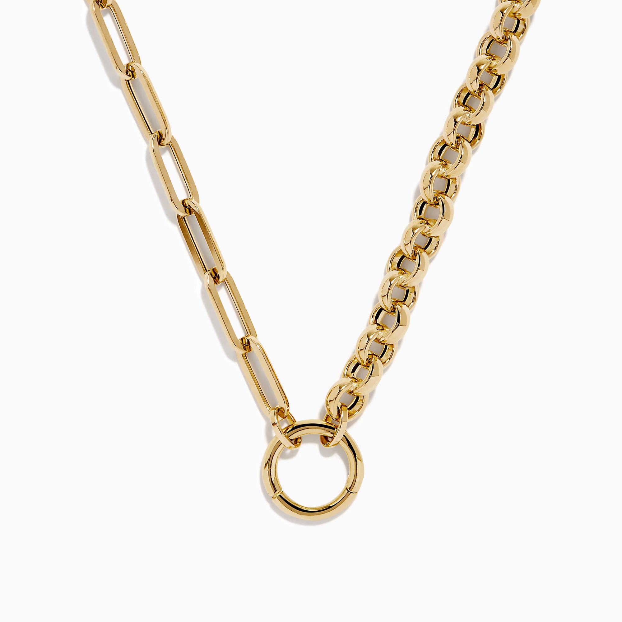 The 14K Yellow Gold Half Paperclip and Half Round Links Charm Holder Necklace features a paperclip chain on one side, rounded links on the other, and a central circular charm holder.