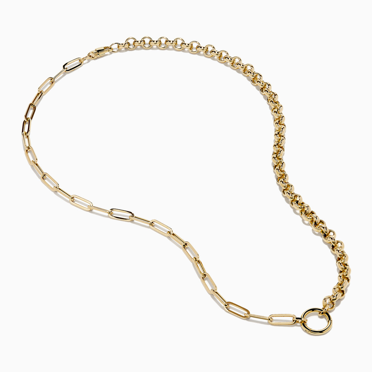 The 14K Yellow Gold Half Paperclip and Half Round Links Charm Holder Necklace features a paperclip chain on one side, rounded links on the other, and a central circular charm holder.