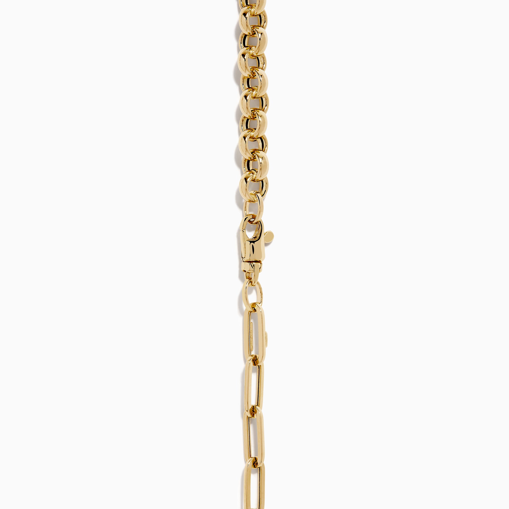 The 14K Yellow Gold Half Paperclip and Half Round Links Charm Holder Necklace features a paperclip chain on one side, rounded links on the other, and a central circular charm holder.