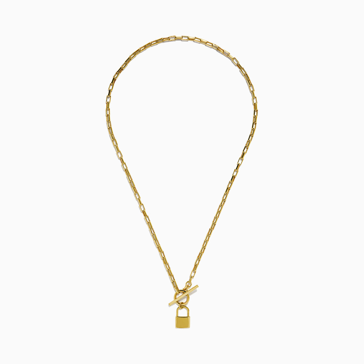 The 14K Yellow Gold Hollow Paperclip with Padlock and Square Toggle Necklace features rectangular links, a square toggle clasp, and a central gold padlock-shaped pendant.