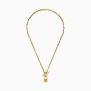 The 14K Yellow Gold Hollow Paperclip with Padlock and Square Toggle Necklace features rectangular links, a square toggle clasp, and a central gold padlock-shaped pendant.