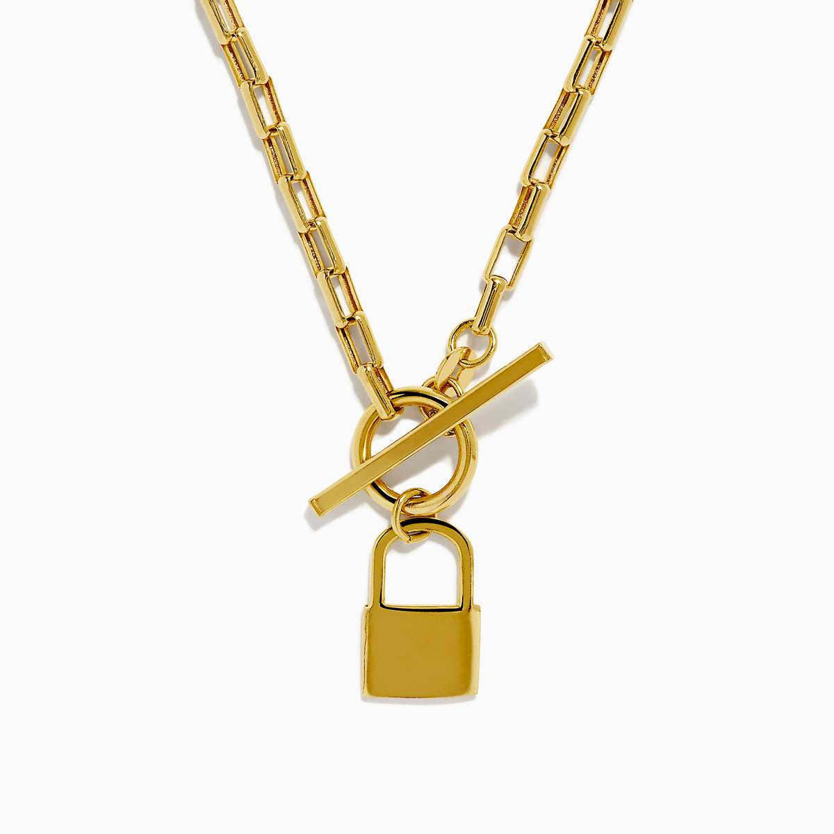 The 14K Yellow Gold Hollow Paperclip with Padlock and Square Toggle Necklace features rectangular links, a square toggle clasp, and a central gold padlock-shaped pendant.