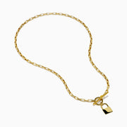 The 14K Yellow Gold Hollow Paperclip with Padlock and Square Toggle Necklace features rectangular links, a square toggle clasp, and a central gold padlock-shaped pendant.