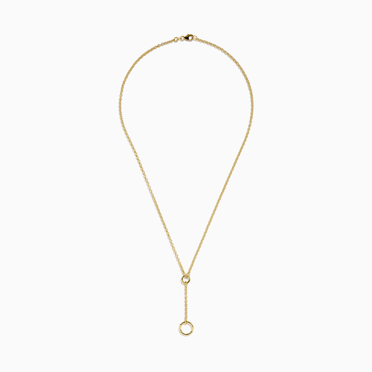 The 14K Yellow Gold Charm Holder Pendant features two circular rings—a small ring attaching to the chain and a large pendant hanging from a drop chain—shown on a white background.