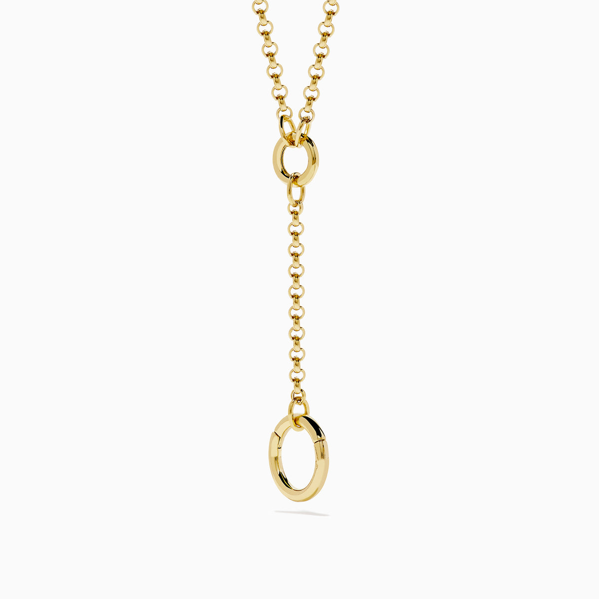 The 14K Yellow Gold Charm Holder Pendant features two circular rings—a small ring attaching to the chain and a large pendant hanging from a drop chain—shown on a white background.