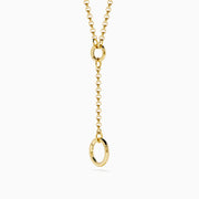 The 14K Yellow Gold Charm Holder Pendant features two circular rings—a small ring attaching to the chain and a large pendant hanging from a drop chain—shown on a white background.