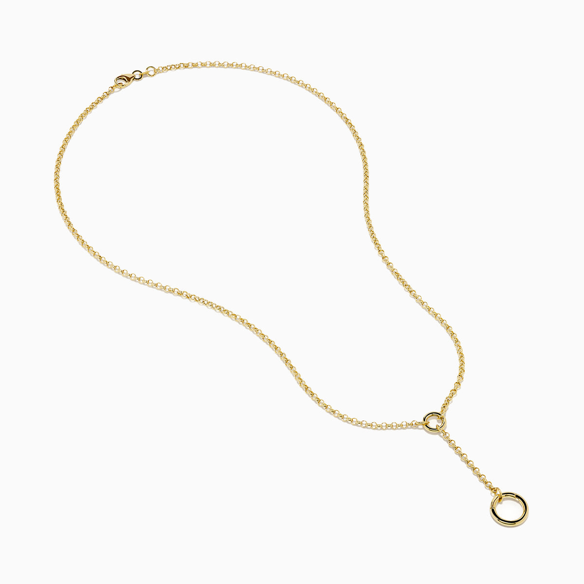 The 14K Yellow Gold Charm Holder Pendant features two circular rings—a small ring attaching to the chain and a large pendant hanging from a drop chain—shown on a white background.