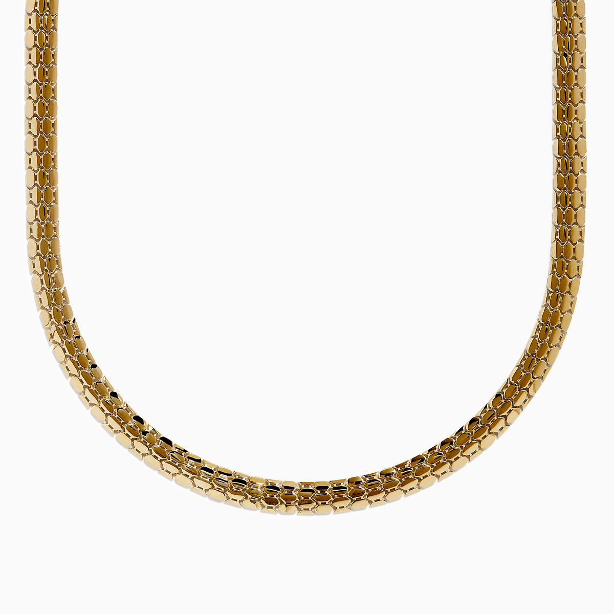 A close-up of the 14K Yellow Gold Snake Skin Design Necklace, showcasing its textured hexagonal pattern reminiscent of snake skin, displayed on a plain white background.
