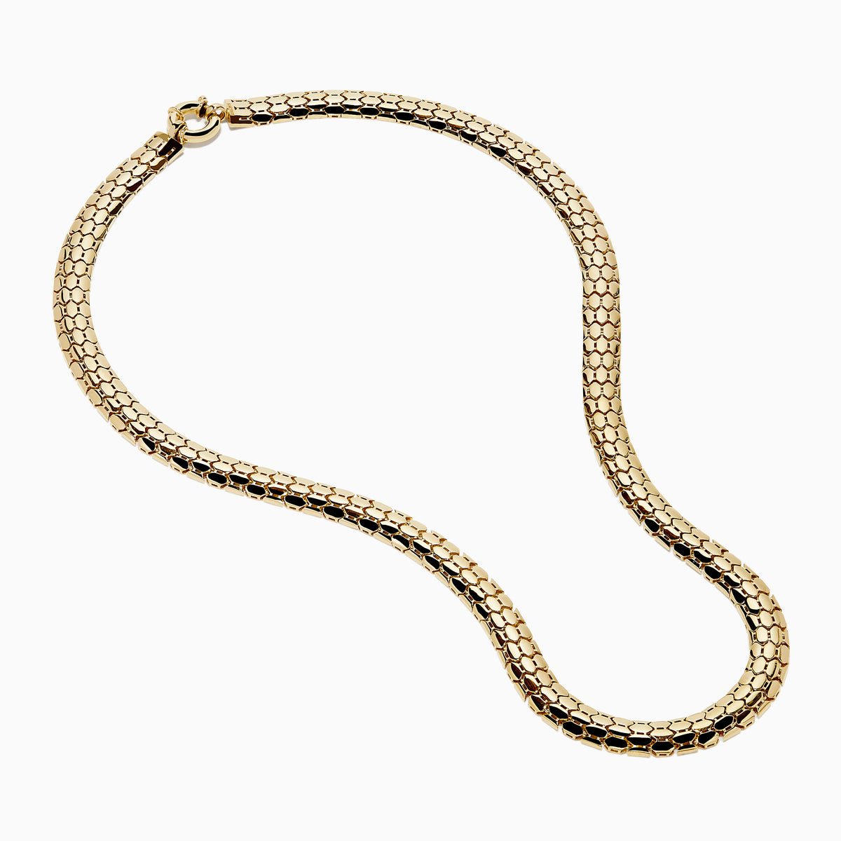 A close-up of the 14K Yellow Gold Snake Skin Design Necklace, showcasing its textured hexagonal pattern reminiscent of snake skin, displayed on a plain white background.