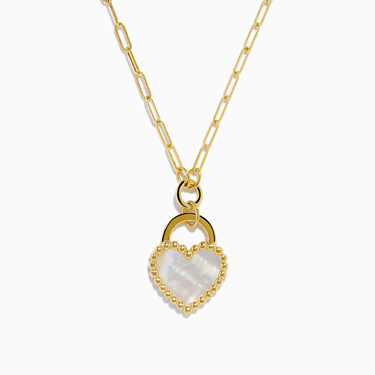 The 14K Yellow Gold Mother of Pearl Heart Pendant features a paperclip-style gold chain and a heart-shaped pendant with a pearly white center and beaded gold border.