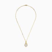 The 14K Yellow Gold Mother of Pearl Heart Pendant features a paperclip-style gold chain and a heart-shaped pendant with a pearly white center and beaded gold border.