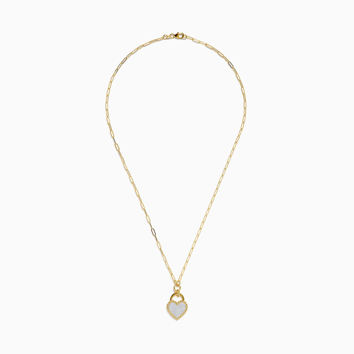 The 14K Yellow Gold Mother of Pearl Heart Pendant features a paperclip-style gold chain and a heart-shaped pendant with a pearly white center and beaded gold border.