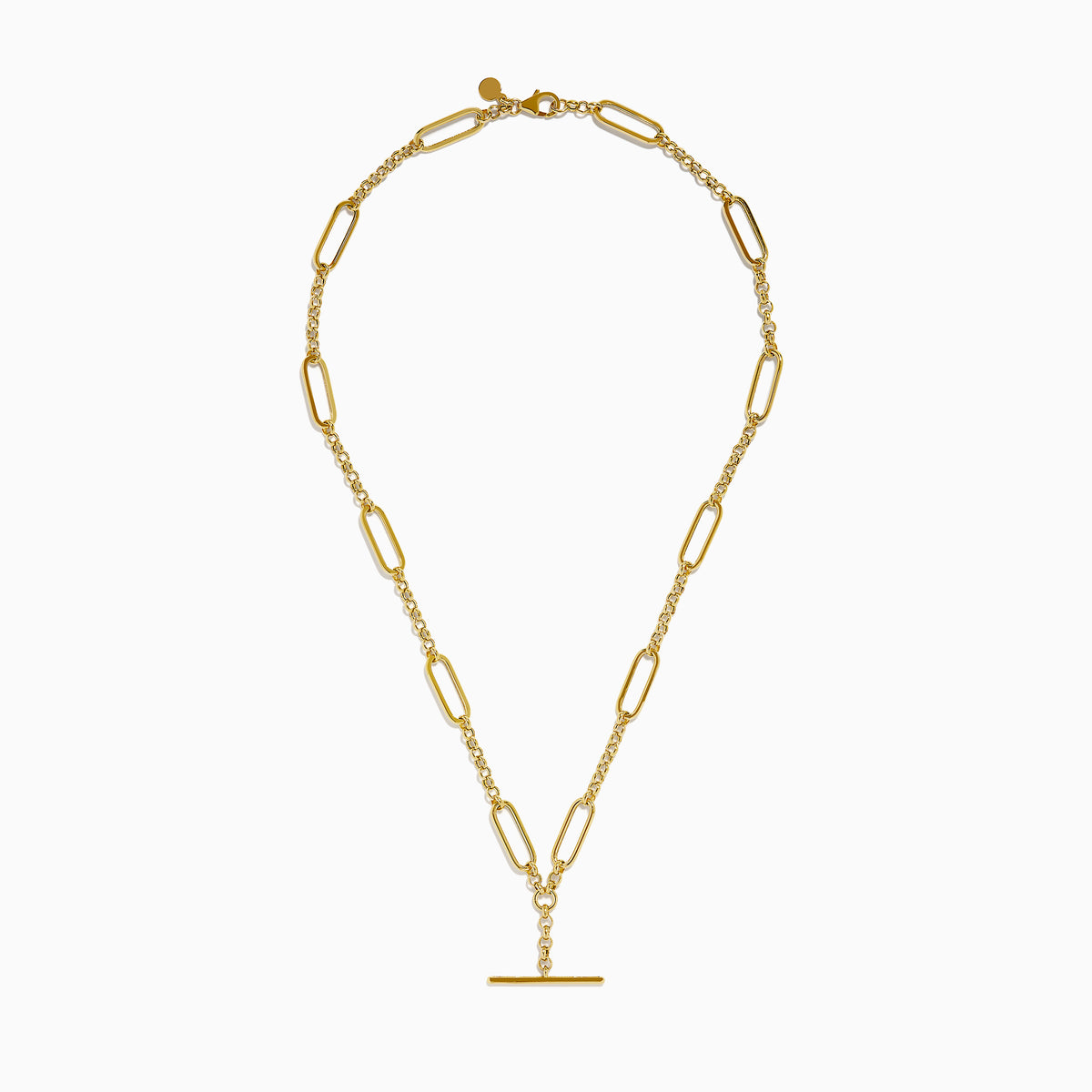 The 14K Yellow Gold Elongated Paperclip Chain Y-Necklace with Toggle Bar showcases large oval links and a vertical bar pendant, creating a sleek and modern Y-necklace design.