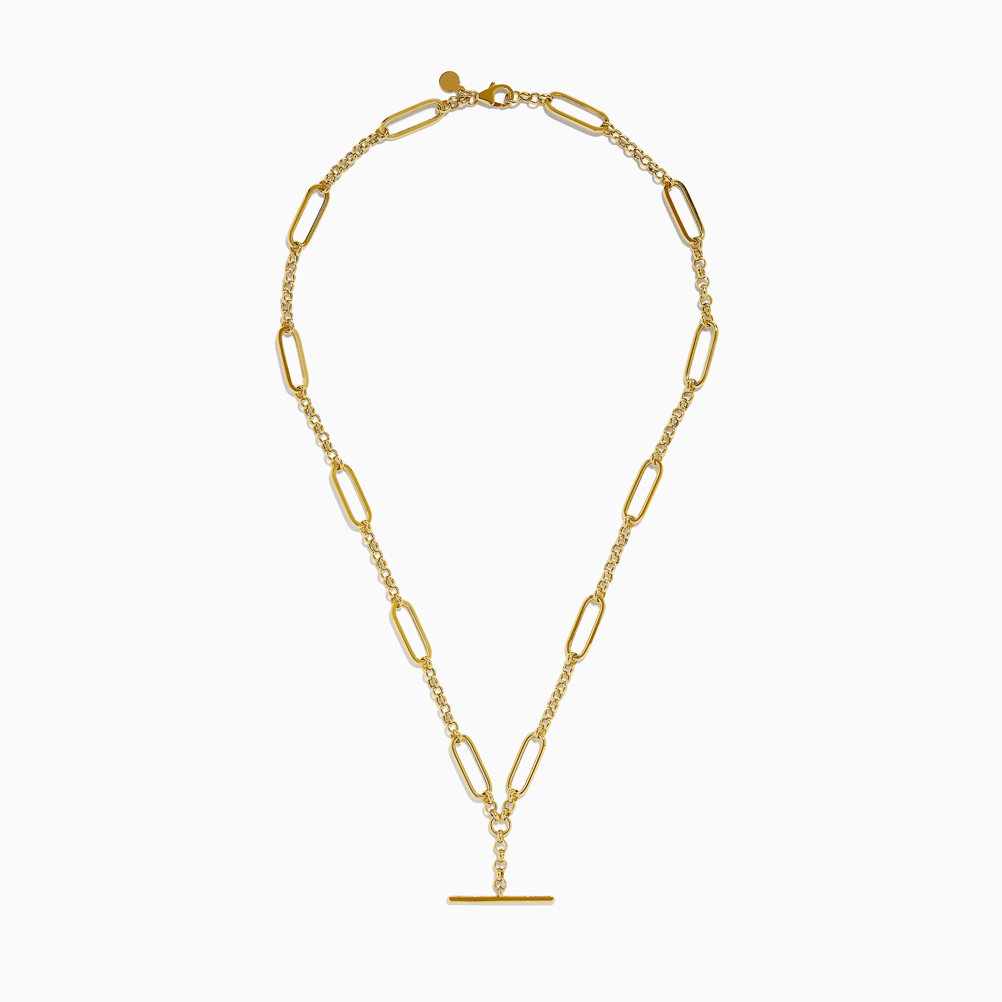 The 14K Yellow Gold Elongated Paperclip Chain Y-Necklace with Toggle Bar showcases large oval links and a vertical bar pendant, creating a sleek and modern Y-necklace design.