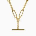 The 14K Yellow Gold Elongated Paperclip Chain Y-Necklace with Toggle Bar showcases large oval links and a vertical bar pendant, creating a sleek and modern Y-necklace design.