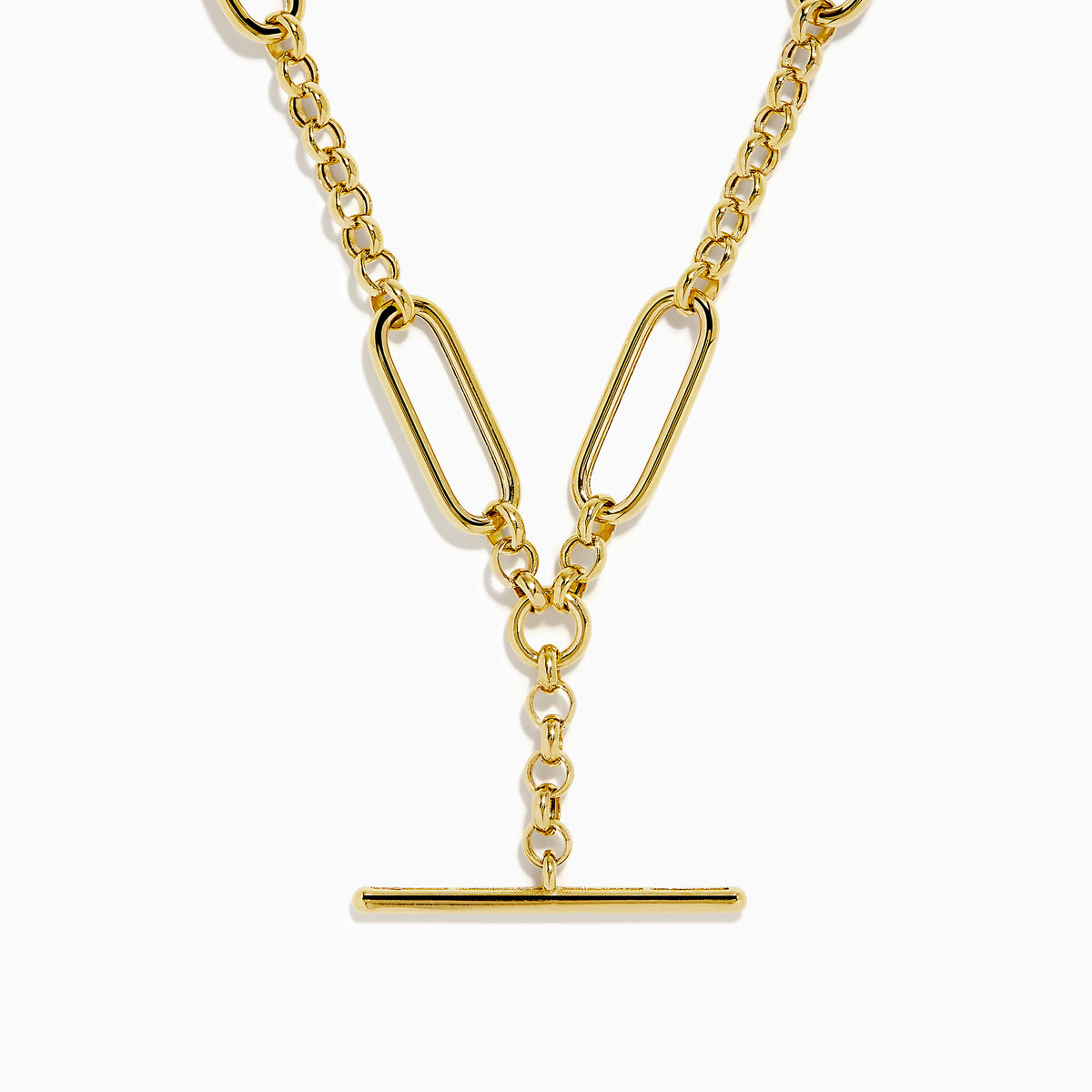 The 14K Yellow Gold Elongated Paperclip Chain Y-Necklace with Toggle Bar showcases large oval links and a vertical bar pendant, creating a sleek and modern Y-necklace design.