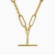 The 14K Yellow Gold Elongated Paperclip Chain Y-Necklace with Toggle Bar showcases large oval links and a vertical bar pendant, creating a sleek and modern Y-necklace design.
