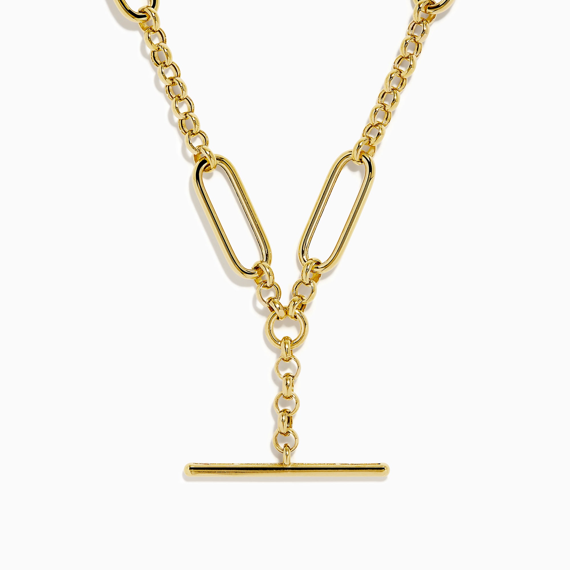 The 14K Yellow Gold Elongated Paperclip Chain Y-Necklace with Toggle Bar showcases large oval links and a vertical bar pendant, creating a sleek and modern Y-necklace design.