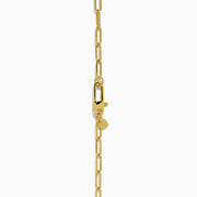 The 14K Yellow Gold Paperclip Dog Tag and Clover Lariat Necklace features elongated links with a four-leaf clover and rectangular tag charm side by side, crafted in 14K yellow gold and shown against a white background.