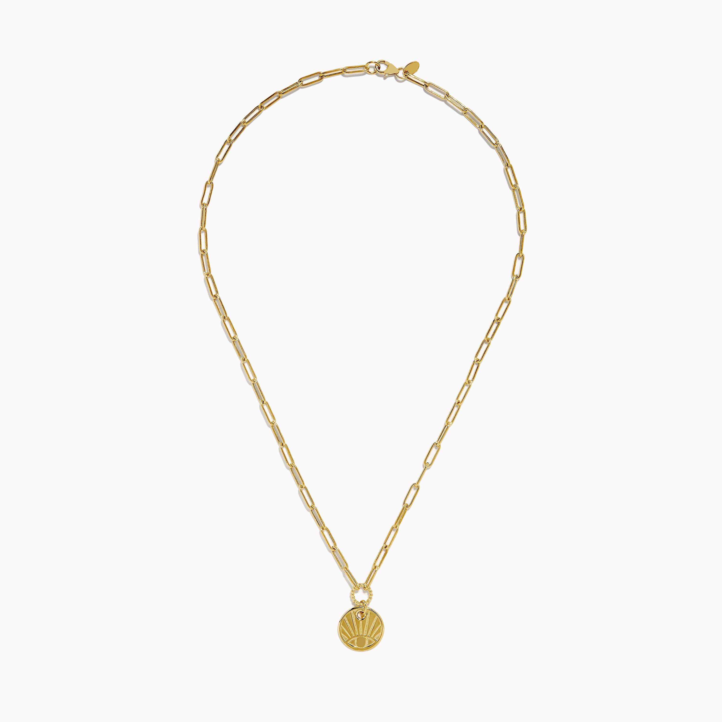 14K Yellow Gold Evil Eye Coin Pendant Paperclip Chain Necklace