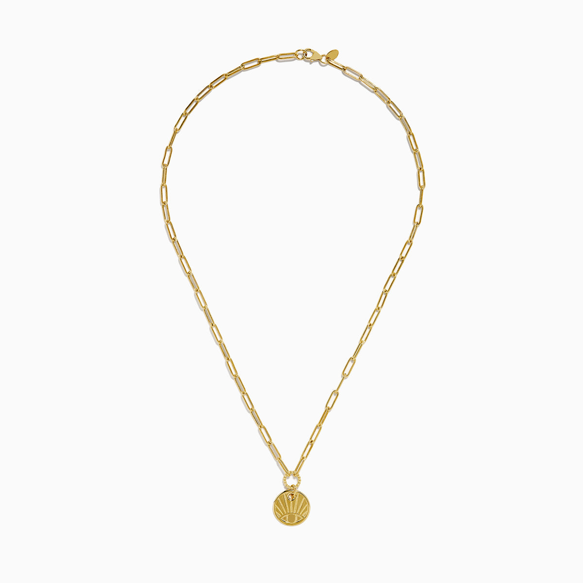 The 14K Yellow Gold Evil Eye Coin Pendant Paperclip Chain Necklace features a protective evil eye design with radiating lines, crafted in yellow gold for both style and symbolism, beautifully displayed on a plain white background.