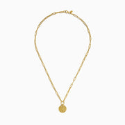 The 14K Yellow Gold Evil Eye Coin Pendant Paperclip Chain Necklace features a protective evil eye design with radiating lines, crafted in yellow gold for both style and symbolism, beautifully displayed on a plain white background.