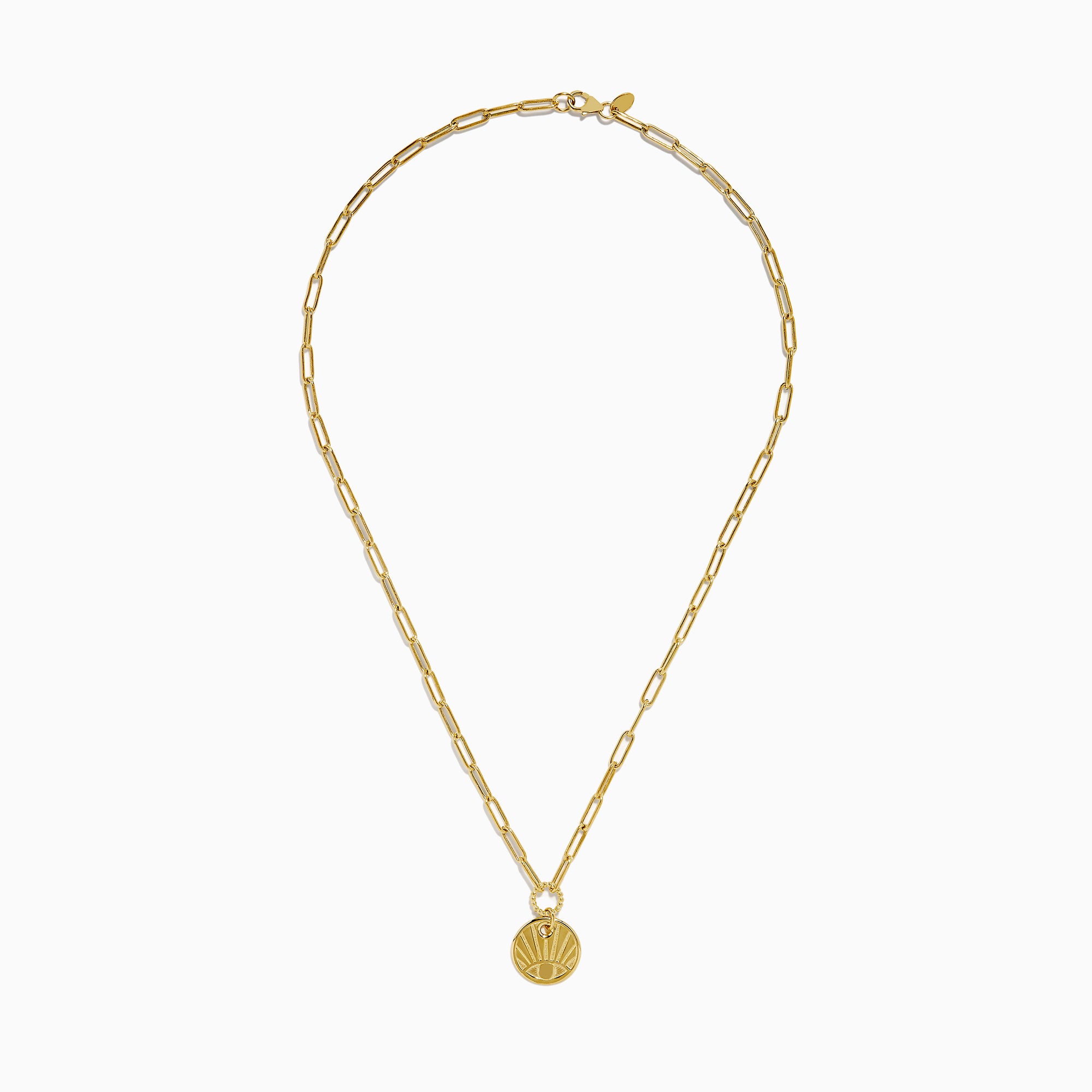 The 14K Yellow Gold Evil Eye Coin Pendant Paperclip Chain Necklace features a protective evil eye design with radiating lines, crafted in yellow gold for both style and symbolism, beautifully displayed on a plain white background.