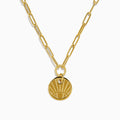 The 14K Yellow Gold Evil Eye Coin Pendant Paperclip Chain Necklace features a protective evil eye design with radiating lines, crafted in yellow gold for both style and symbolism, beautifully displayed on a plain white background.