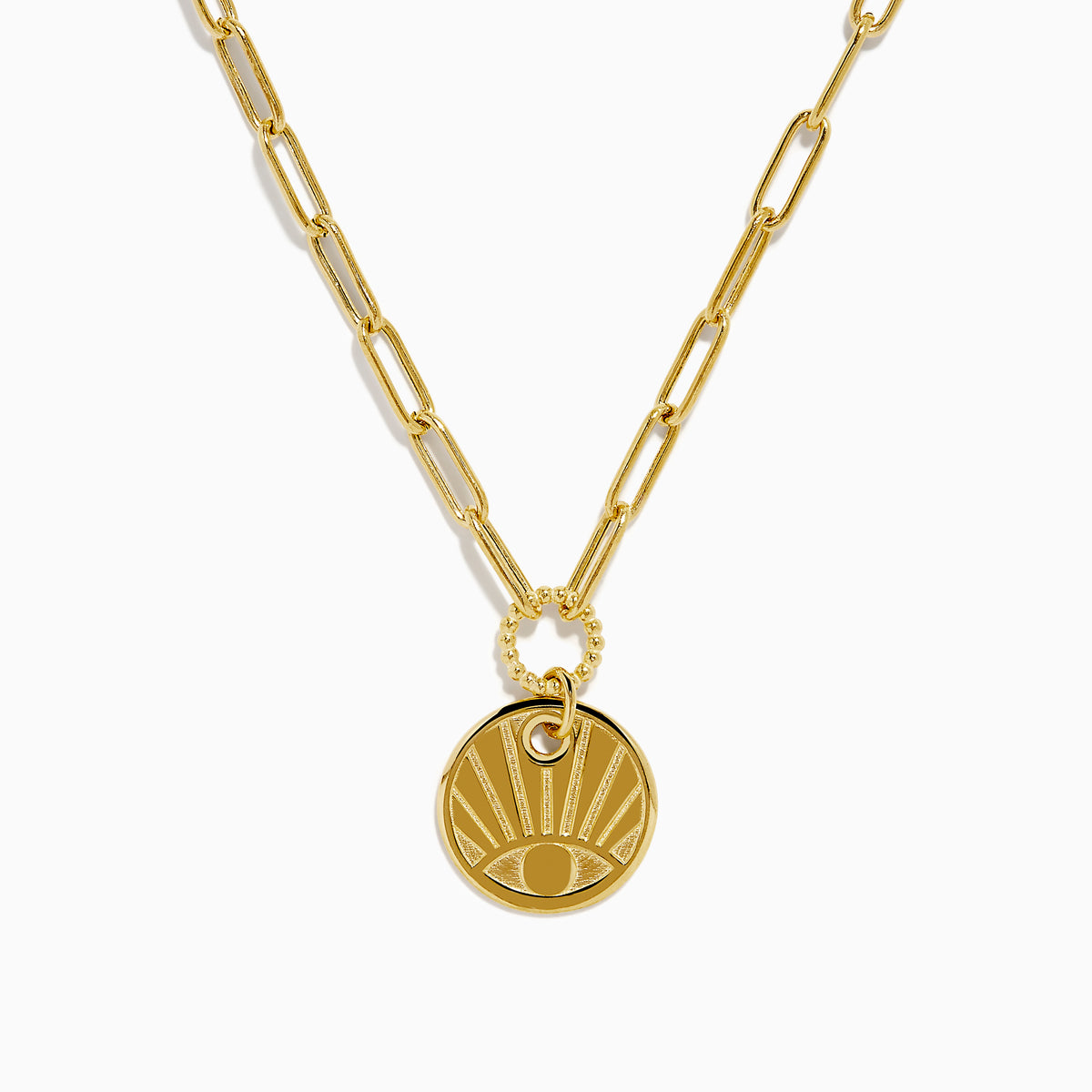 The 14K Yellow Gold Evil Eye Coin Pendant Paperclip Chain Necklace features a protective evil eye design with radiating lines, crafted in yellow gold for both style and symbolism, beautifully displayed on a plain white background.
