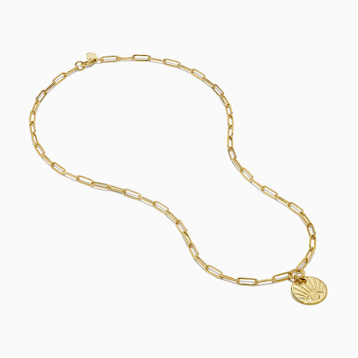 The 14K Yellow Gold Evil Eye Coin Pendant Paperclip Chain Necklace features a protective evil eye design with radiating lines, crafted in yellow gold for both style and symbolism, beautifully displayed on a plain white background.