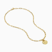 The 14K Yellow Gold Evil Eye Coin Pendant Paperclip Chain Necklace features a protective evil eye design with radiating lines, crafted in yellow gold for both style and symbolism, beautifully displayed on a plain white background.