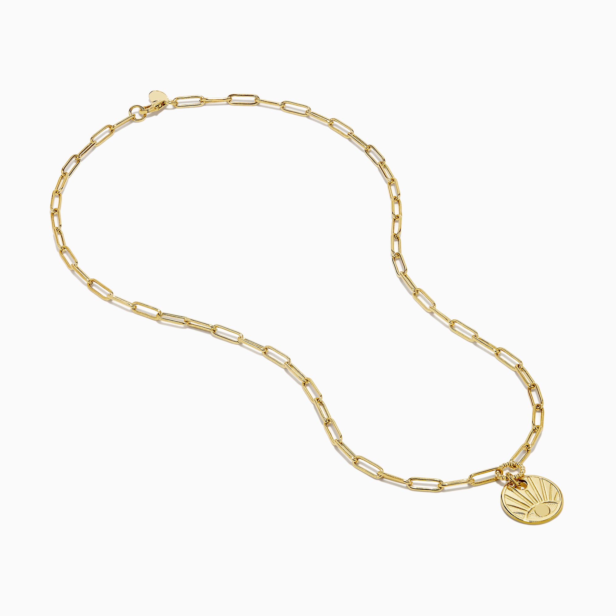 The 14K Yellow Gold Evil Eye Coin Pendant Paperclip Chain Necklace features a protective evil eye design with radiating lines, crafted in yellow gold for both style and symbolism, beautifully displayed on a plain white background.