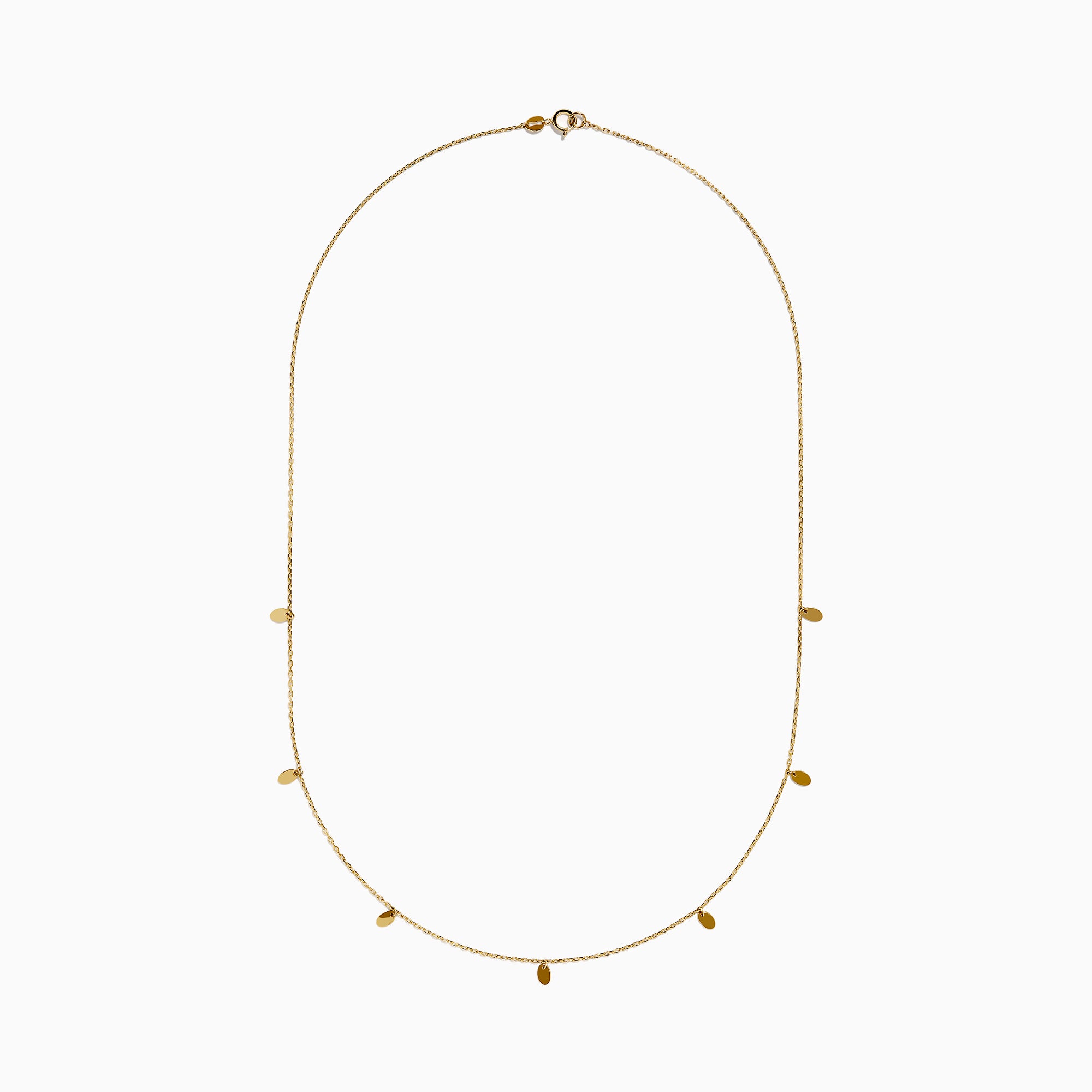 The 14K Yellow Gold Oval Charm Station Necklace features small, evenly spaced oval-shaped charms that hang gracefully along the lower half of a delicate yellow gold chain.